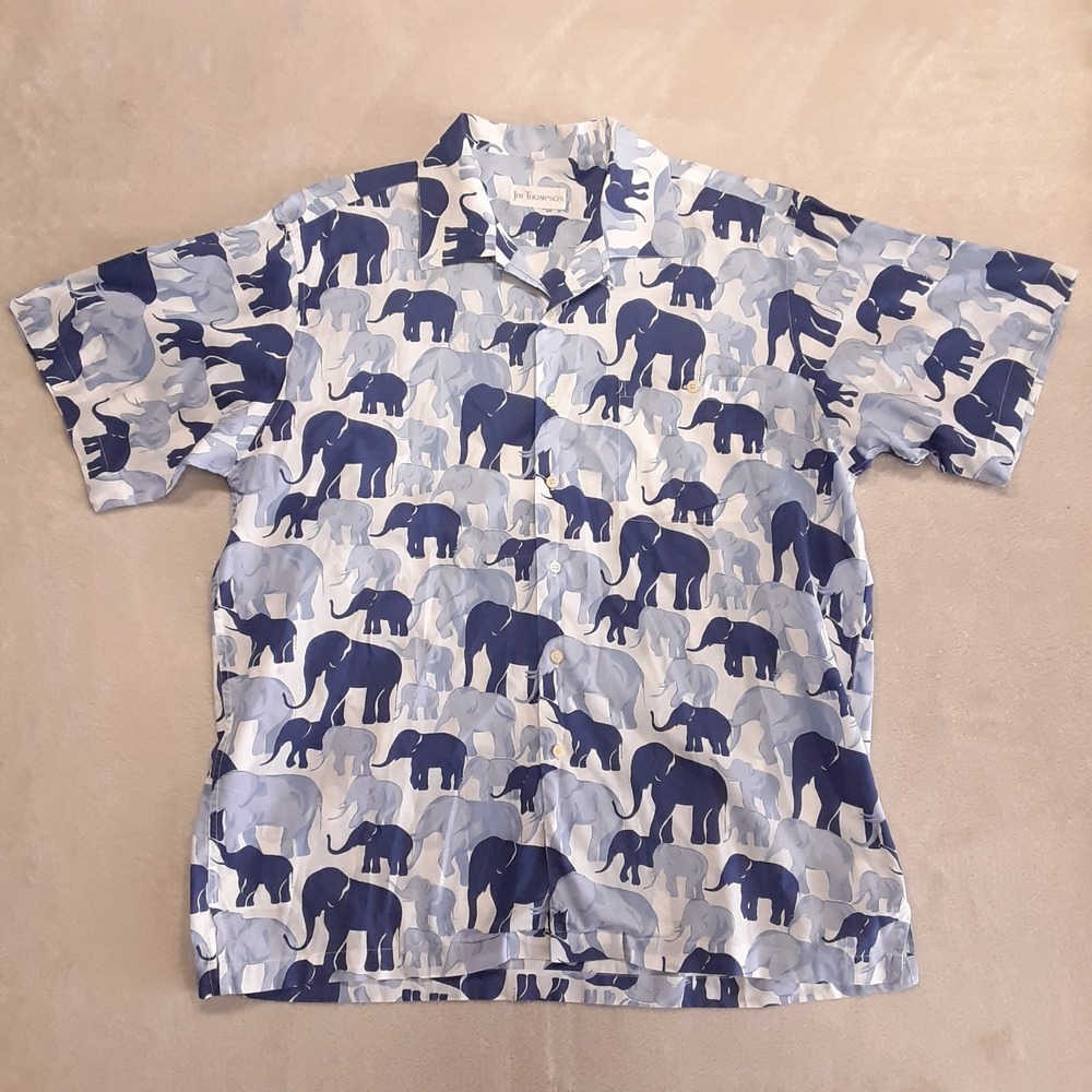 Vintage Jim Thompson Mens Elephant Print Button Shirt XL Blue SS Cotton
